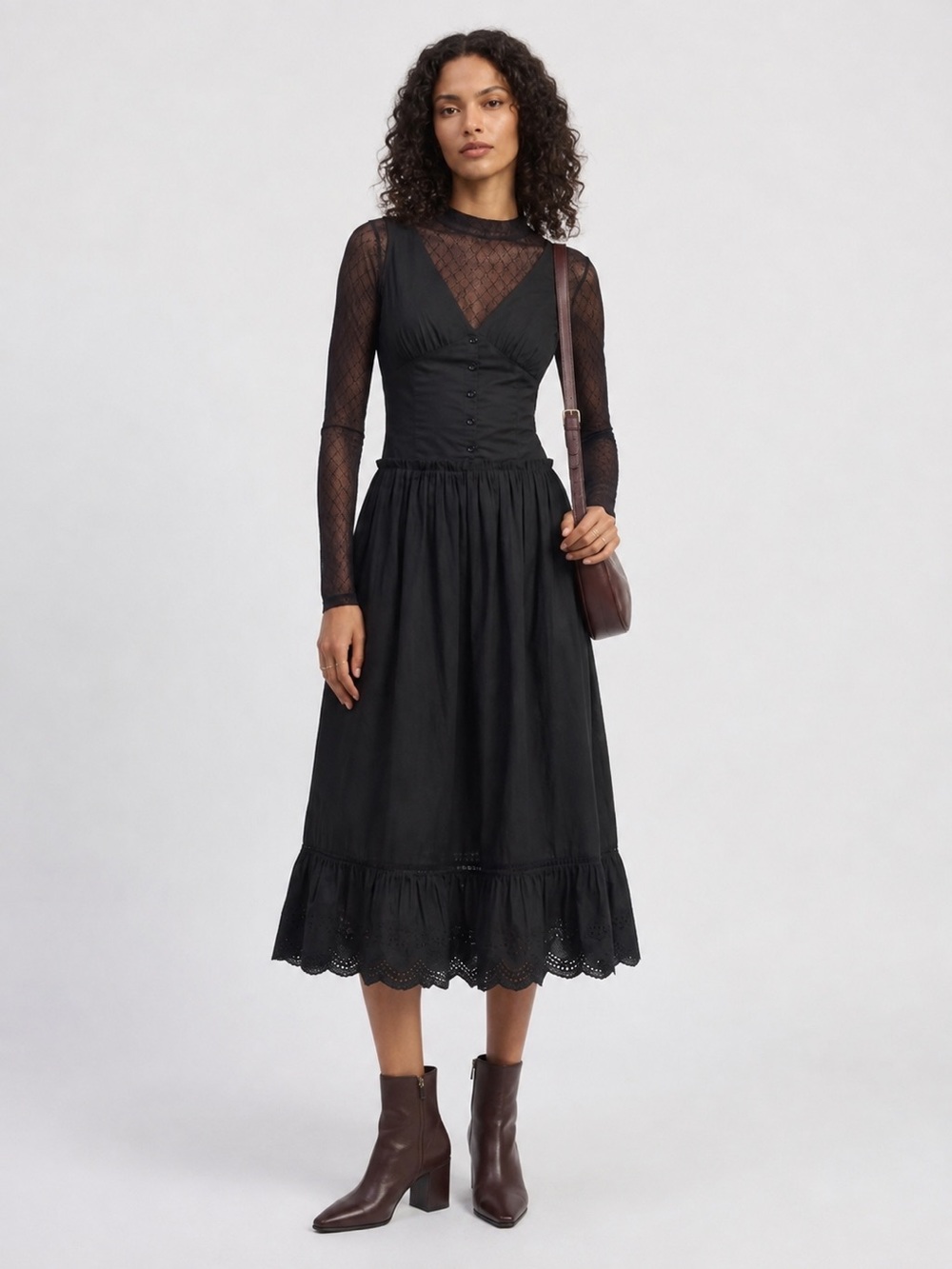 [NWOT] Jacqui E Black V-Neck Sleeveless Midi Dress with Scalloped Hem